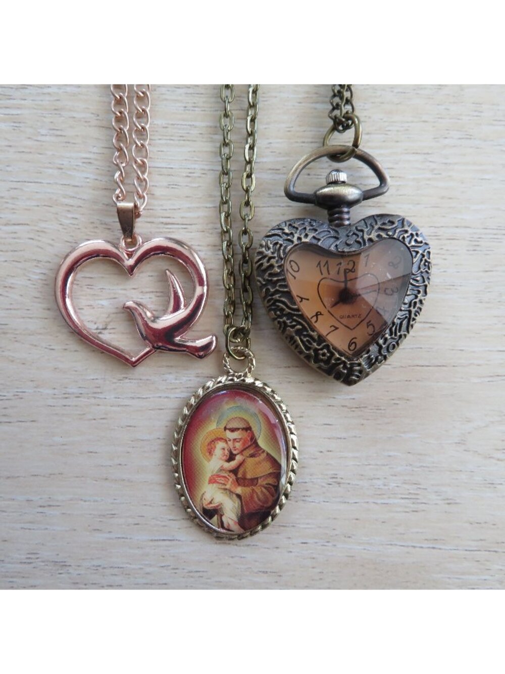 3 Vintage Style Necklaces: Rose Gold Heart Saint Anthony Pendant Heart Watch